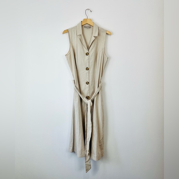 Hobbs Dresses & Skirts - Hobbs Beige Linen Blend Sleeveless Tie Waist Button Up Shirt Dress UK 14